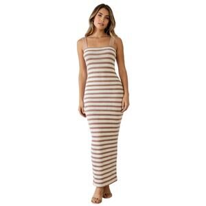 Merokeety Womens Small Tube Maxi Summer Dress Bodycon Stretch Tan White Stripe